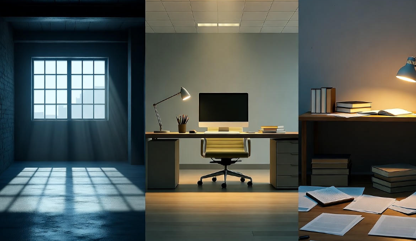 Triptych of rooms representing financial choices