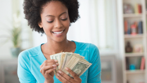 Money mindset woman counting cash.