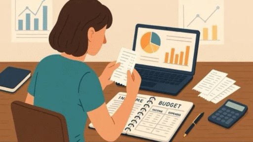 Woman at her computer researching budgeting mistakes.