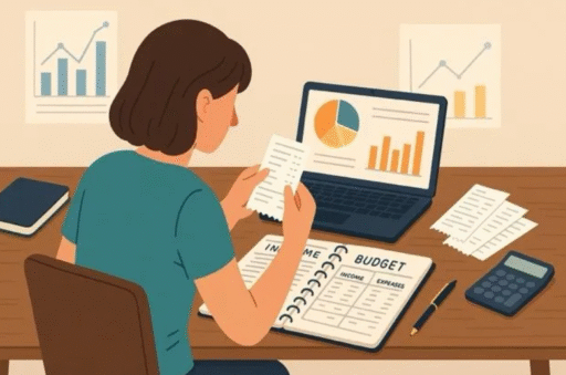 Woman at her computer researching budgeting mistakes.