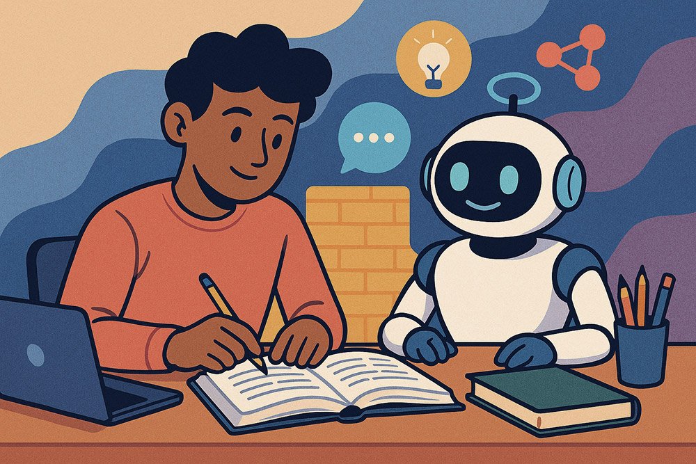 Ai for Students: robot helping a young man search and study