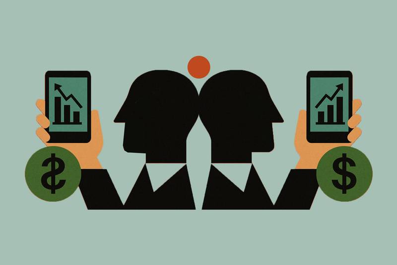 illustration with two people holding up screen with investment apps.