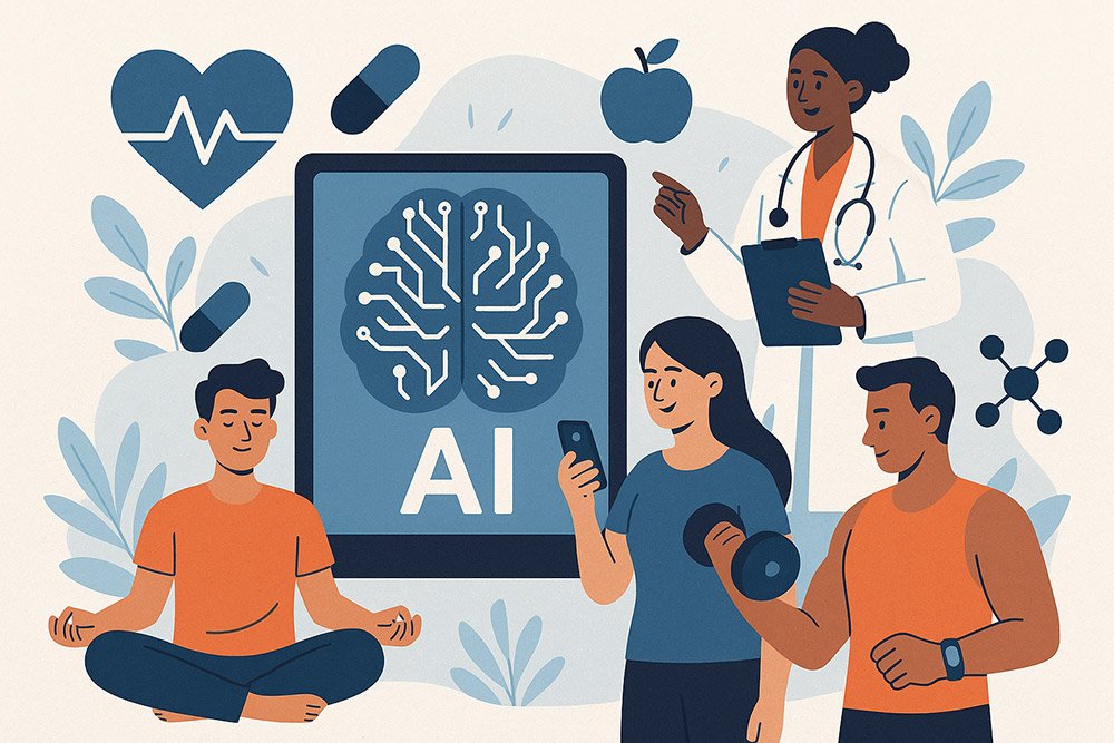 Vector illustration with ai for health brain chart and four healthy people around it.