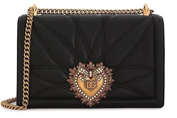 Black quilted Dolce & Gabbana shoulder bag with heart plaque.