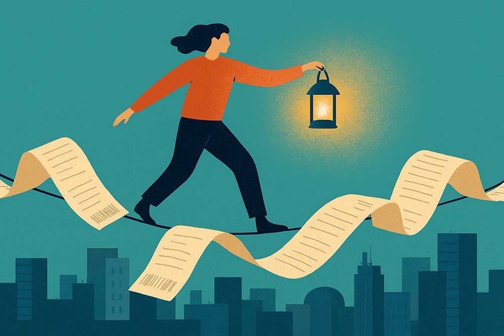 Ffinancial stress woman, holding a lantern, walking on wavy receipts above a city scape.