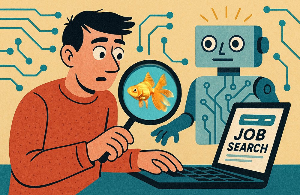 Man with magnifying glass, "How I Search for Jobs in the Age of AI"