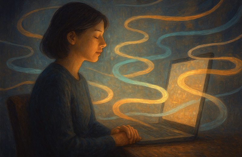 Young woman, face lit by computer screen for How I Search for Peace Online.