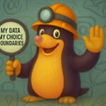 Momo the Mole holding a magnifying glass that reads “My Data, My Choice, Boundaries” for the article How I Search for Online Privacy in a World That Tracks Everything — a painterly style illustration symbolizing digital awareness and personal data boundaries.