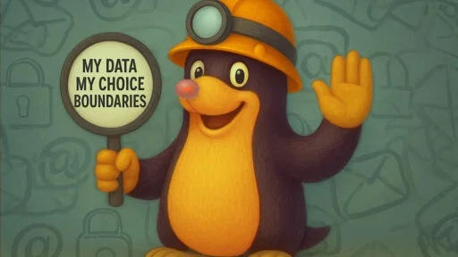 Momo the Mole holding a magnifying glass that reads “My Data, My Choice, Boundaries” for the article How I Search for Online Privacy in a World That Tracks Everything — a painterly style illustration symbolizing digital awareness and personal data boundaries.