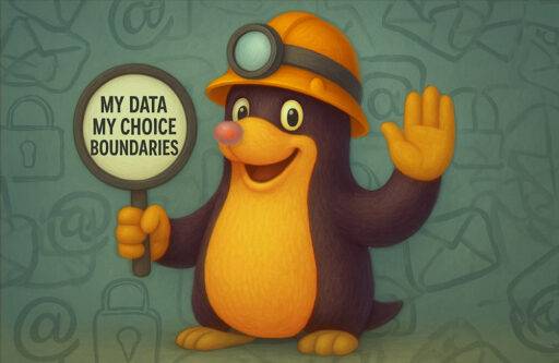 Momo the Mole holding a magnifying glass that reads “My Data, My Choice, Boundaries” for the article How I Search for Online Privacy in a World That Tracks Everything — a painterly style illustration symbolizing digital awareness and personal data boundaries.