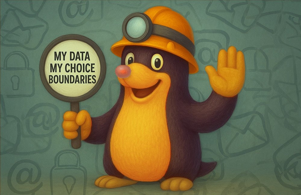 Momo the Mole holding a magnifying glass that reads “My Data, My Choice, Boundaries” for the article How I Search for Online Privacy in a World That Tracks Everything — a painterly style illustration symbolizing digital awareness and personal data boundaries.