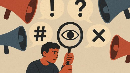 Illustration of a man holding a large magnifying glass with a stylized eye, for How I Search for Truth.