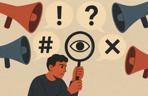 Illustration of a man holding a large magnifying glass with a stylized eye, for How I Search for Truth.