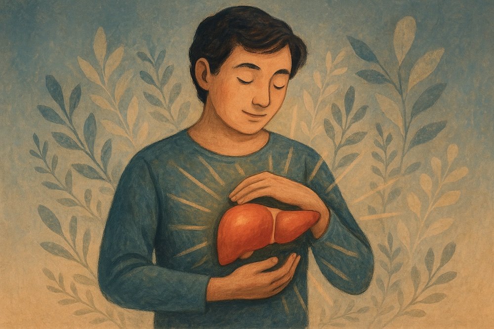 A young man cradles his liver in front of his chest as he contemplates liver health.