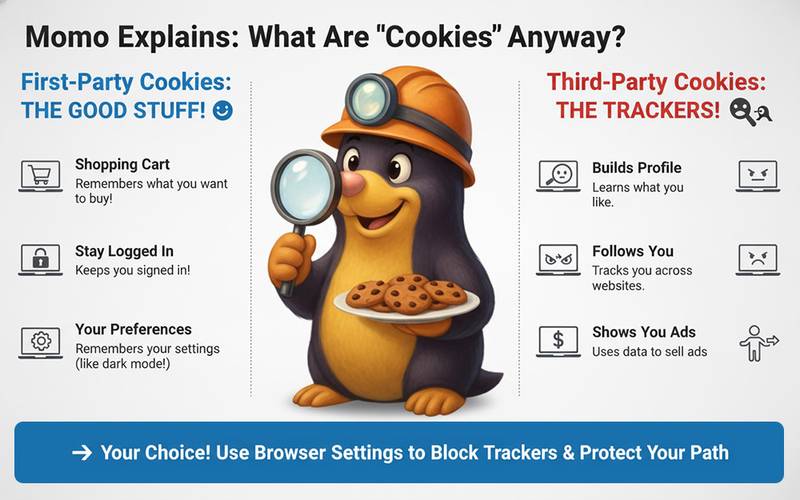 Momo the Mole holding his signature magnifying glass and a plate of cookies to explain digital cookies for his How I Search for Privacy Online article.