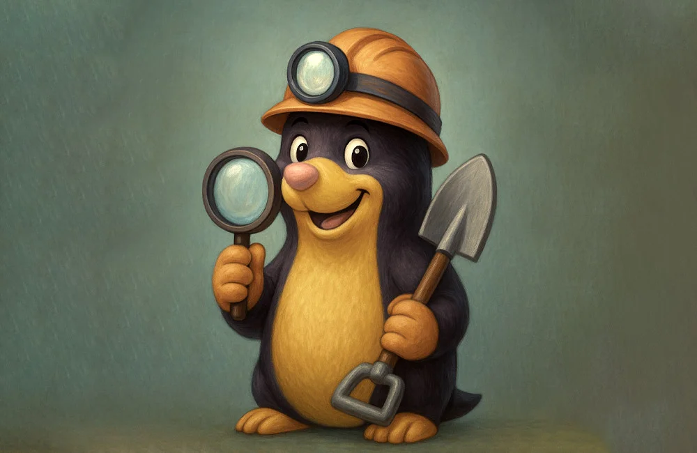 Momo, the How I Search mole, promoting the Momo Mail Newsletter.