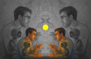 collage of repeated profile of a man and a robot in a vibecoding world.