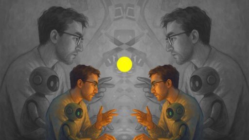 collage of repeated profile of a man and a robot in a vibecoding world.