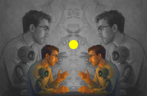 collage of repeated profile of a man and a robot in a vibecoding world.