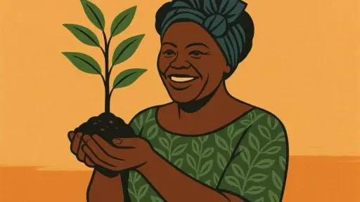 Vector illustration of a smiling Wangari Maathai holding a sapling ready to plant trees.