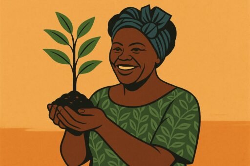 Vector illustration of a smiling Wangari Maathai holding a sapling ready to plant trees.