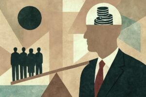 A stylized representation of billionaires in a suit with money for brains on one side of a scale and four people on the other side weighing it down.