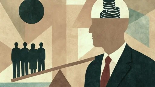 A stylized representation of billionaires in a suit with money for brains on one side of a scale and four people on the other side weighing it down.