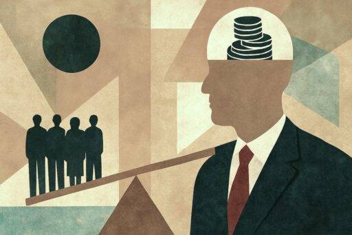 A stylized representation of billionaires in a suit with money for brains on one side of a scale and four people on the other side weighing it down.