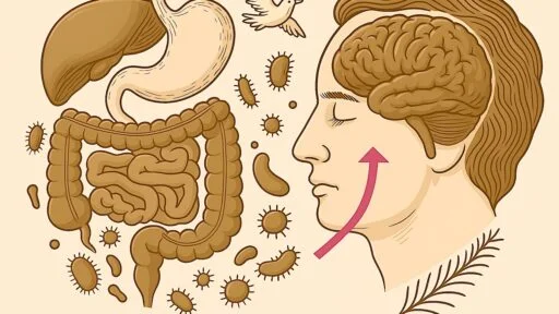 An image of a gut next to a man's profile with brain showing.