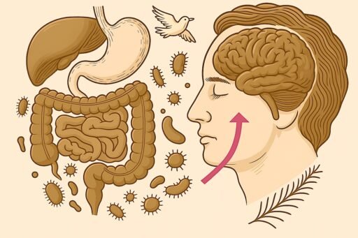 An image of a gut next to a man's profile with brain showing.