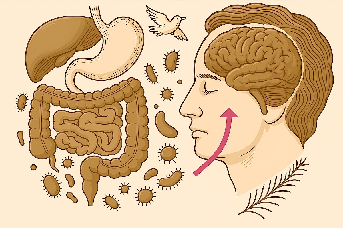 An image of a gut next to a man's profile with brain showing.