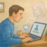 Man at desk doing digital probate research. Next to him is a ghost-like figure.