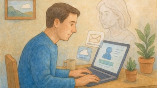 Man at desk doing digital probate research. Next to him is a ghost-like figure.