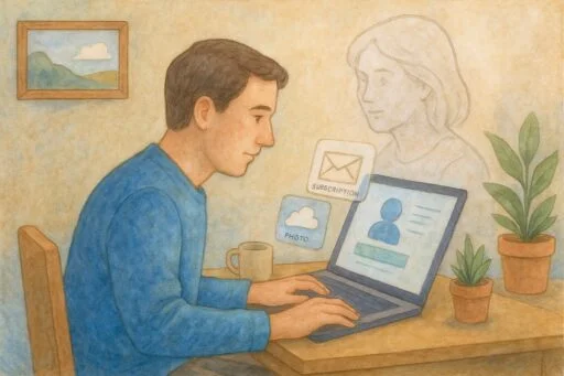 Man at desk doing digital probate research. Next to him is a ghost-like figure.