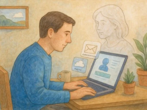 Man at desk doing digital probate research. Next to him is a ghost-like figure.