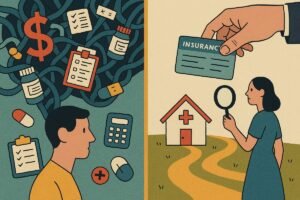 Conceptual collage illustration showing a person carving a clear path through the complexity of health insurance systems, symbolizing how health insurance works.