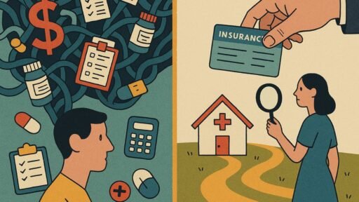 Conceptual collage illustration showing a person carving a clear path through the complexity of health insurance systems, symbolizing how health insurance works.