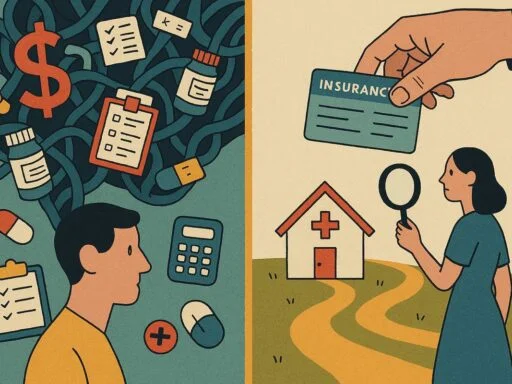 Conceptual collage illustration showing a person carving a clear path through the complexity of health insurance systems, symbolizing how health insurance works.