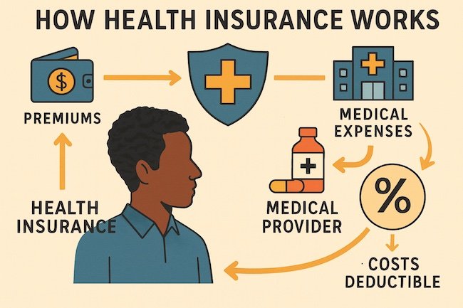 Infographic showing how health insurance works, including premiums, deductibles, medical expenses, and medical providers in a simple visual flow.