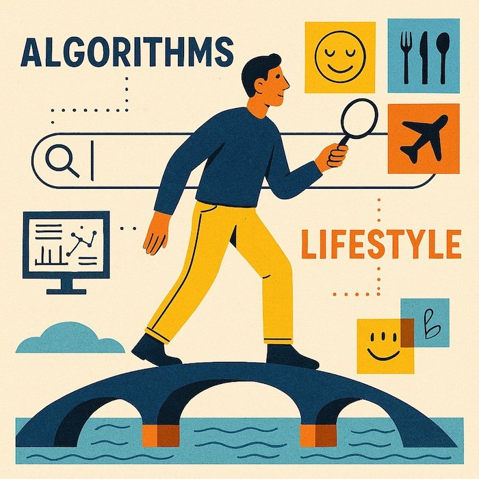 How I Search illustration of a man on an arched bridge between algorithms and lifestyle choices.