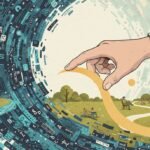 How I Search illustration of a hand gently parting a swirling storm of digital symbols to reveal a calm, human landscape with people walking, reading, and spending time outside.