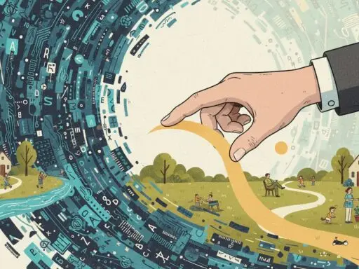 How I Search illustration of a hand gently parting a swirling storm of digital symbols to reveal a calm, human landscape with people walking, reading, and spending time outside.