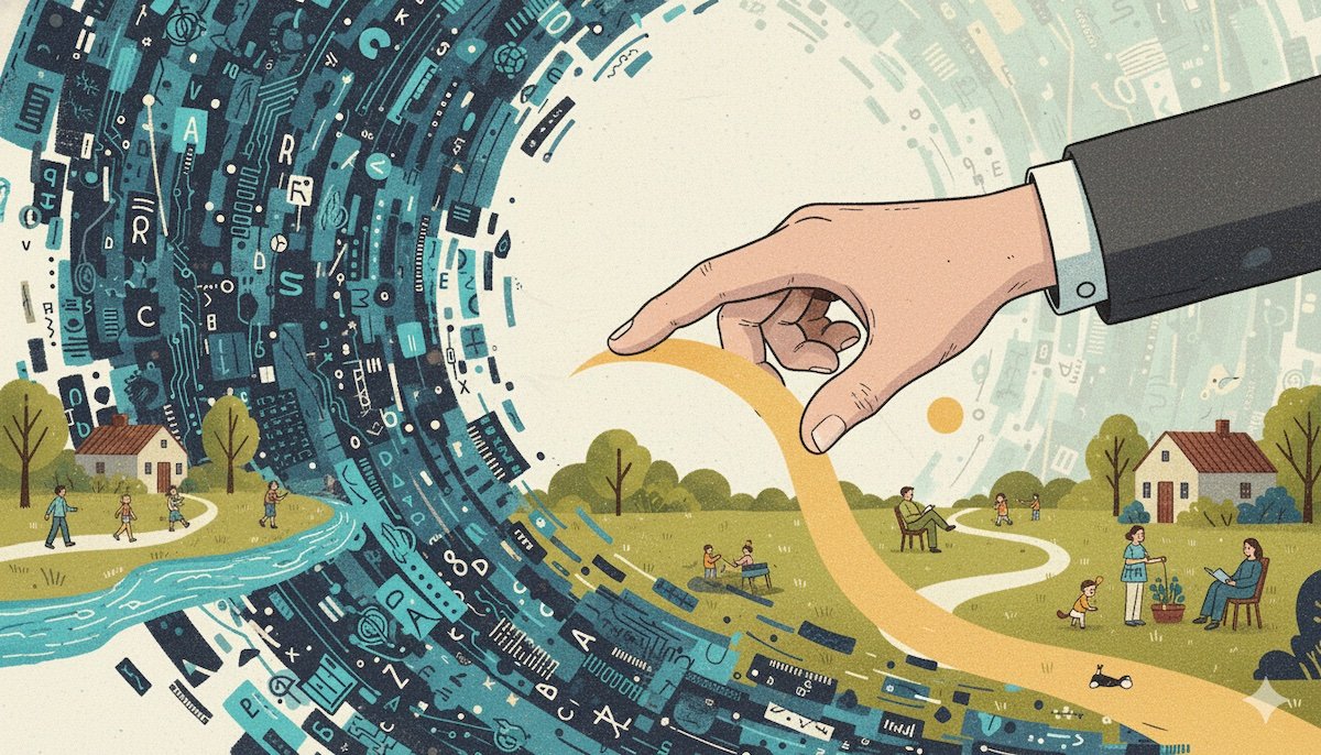 How I Search illustration of a hand gently parting a swirling storm of digital symbols to reveal a calm, human landscape with people walking, reading, and spending time outside.