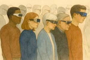 Five diverse people wearing immersive ai glasses