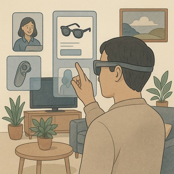 Msn wearing AI glasses swiping icons in an immersive spatial environment.