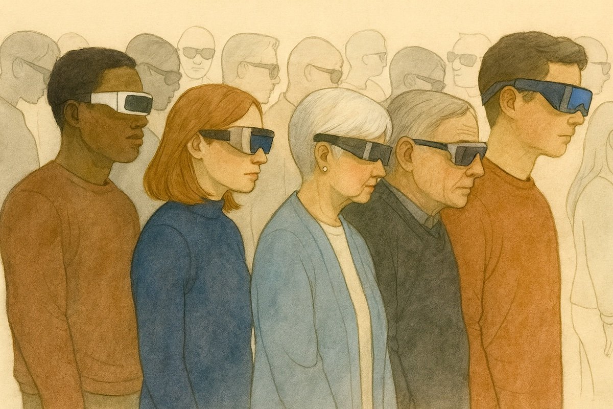 Five diverse people wearing immersive ai glasses