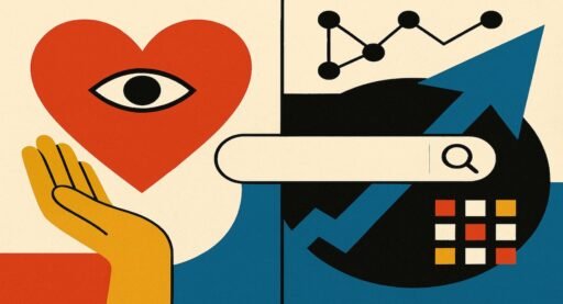 integrity in technology collage with heart-eye, hand, and search bar.