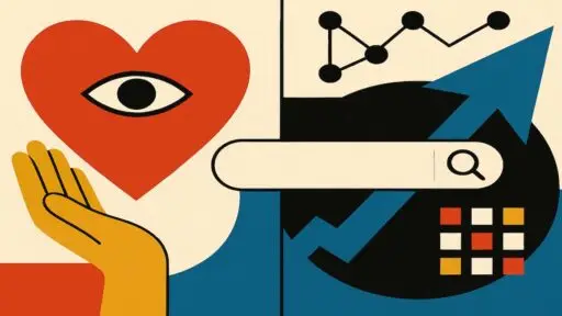 integrity in technology collage with heart-eye, hand, and search bar.