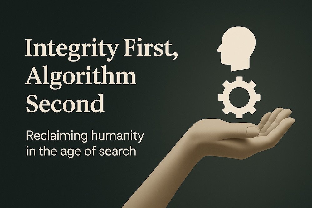 A gear and profile head floating above an elegant open palm to signify integrity in technology