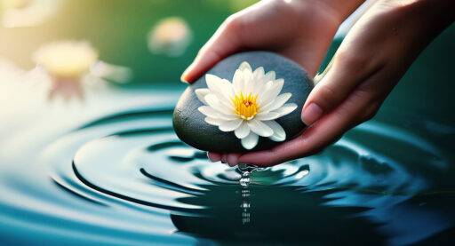 Hands holding a white petal lily flower over rippling water signifying kindness, gratitude, and inner peace.